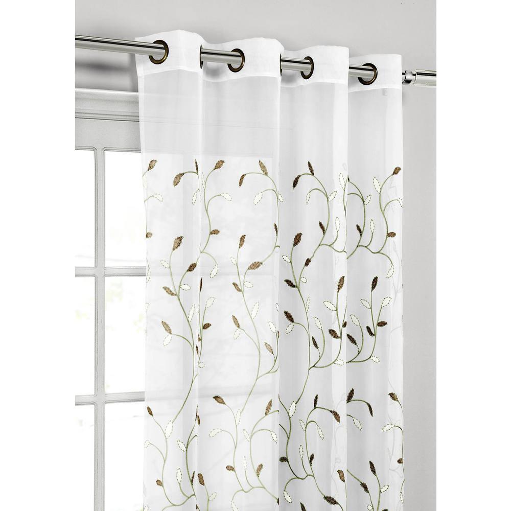 Grommet Curtain Panel, Embroidered Sheer Extra-Wide, Brown 54" x 84"