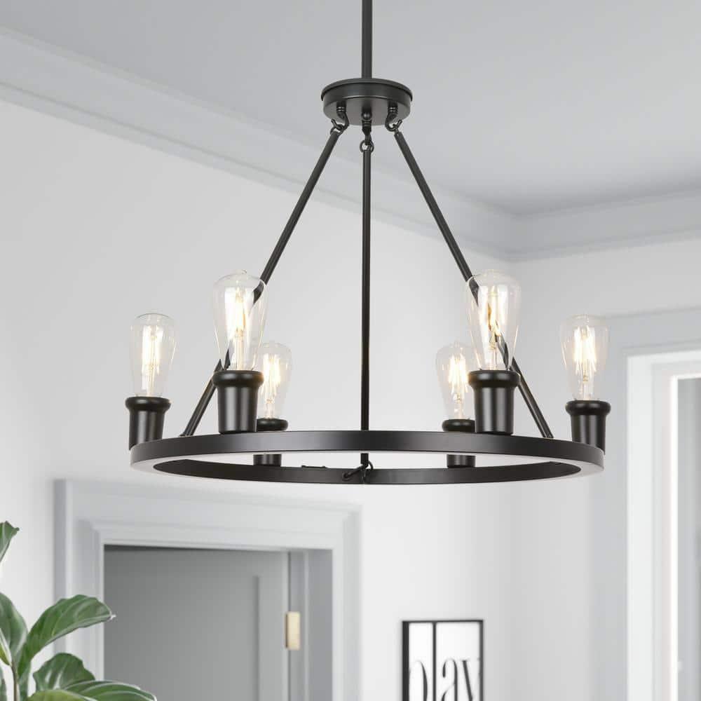 Farmhouse 6 Lights Black Wagon Wheel Chandelier,Modern Vintage Round Pendant Light Fixture for Dining Room,Living Room, Entryway Foyer Kitchen Island, E26