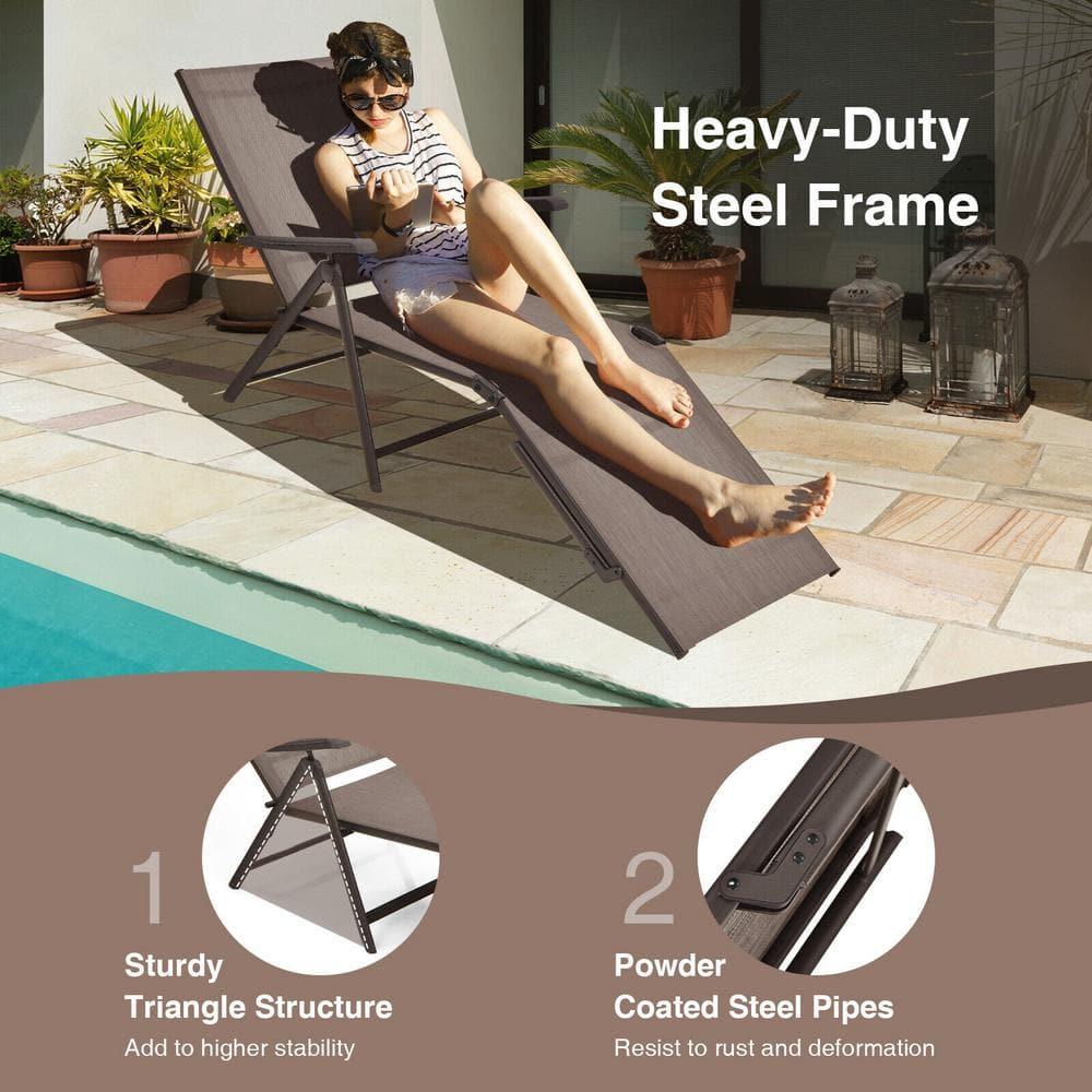 YOJFOTOOUQYUAN. 5 Stages Adjustable Patio Folding Lounge Chair Metal Outdoor Sling Fabric Recliner Chaise for Beach Yard Pool, 2 Pack,Brown