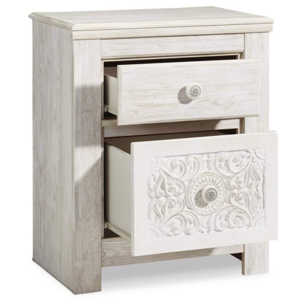 Paxberry Two Drawer Nightstand White Wash - Signature Design by Ashley: Traditional Style, USB Port, Storage Function