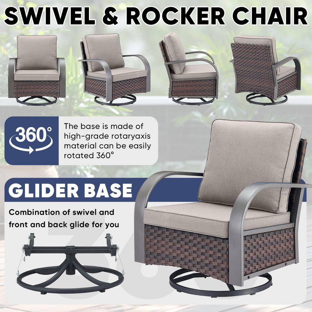 POCASSY 5PCS Outdoor Patio Furniture Set All-Weather Wicker Couch with Patio Swivel Rocking Outdoor Chairs and Multi-Functional Ottomans, Patio Conversation Set for Backyard Garden Balcony, Beige