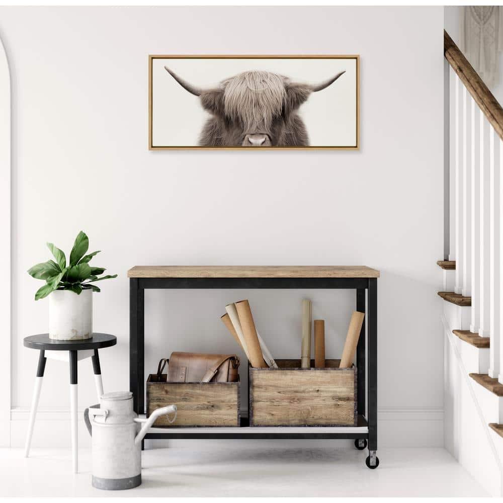Kate and Laurel Sylvie Hey Dude Highland Cow Color Framed Canvas by The Creative Bunch Studio, 18x40, Natural