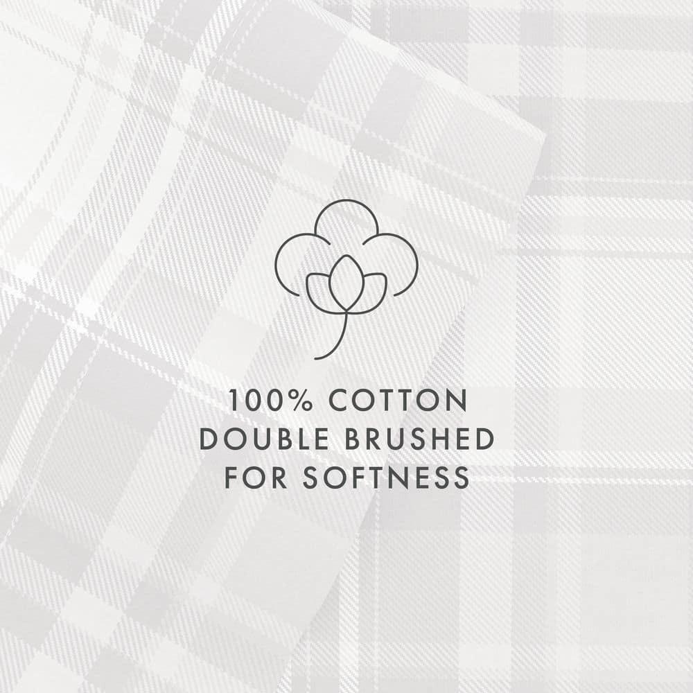 Light Grey Plaid 4 Piece 100% Cotton Flannel Deep Pocket Sheet Set, Queen, by Noble Linens
