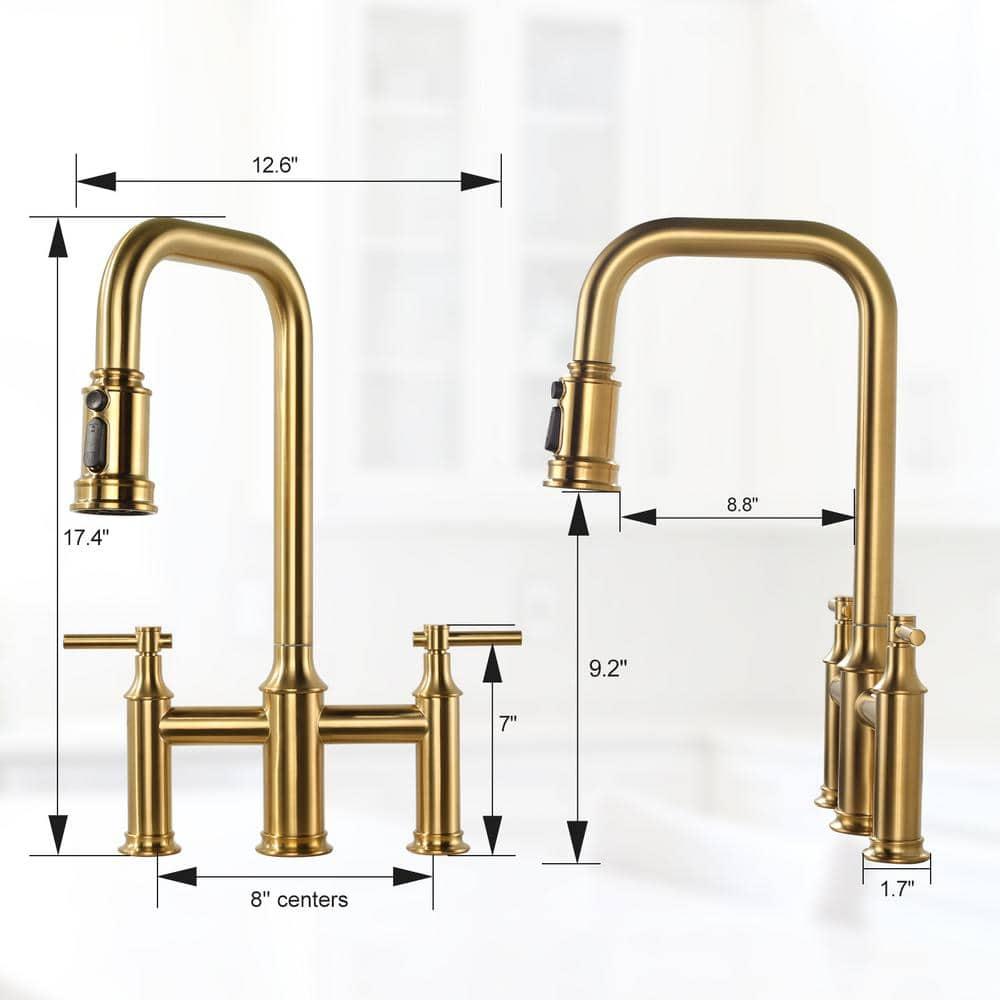 Double Handle Bridge Kitchen Faucet with Advanced Spray in Gold