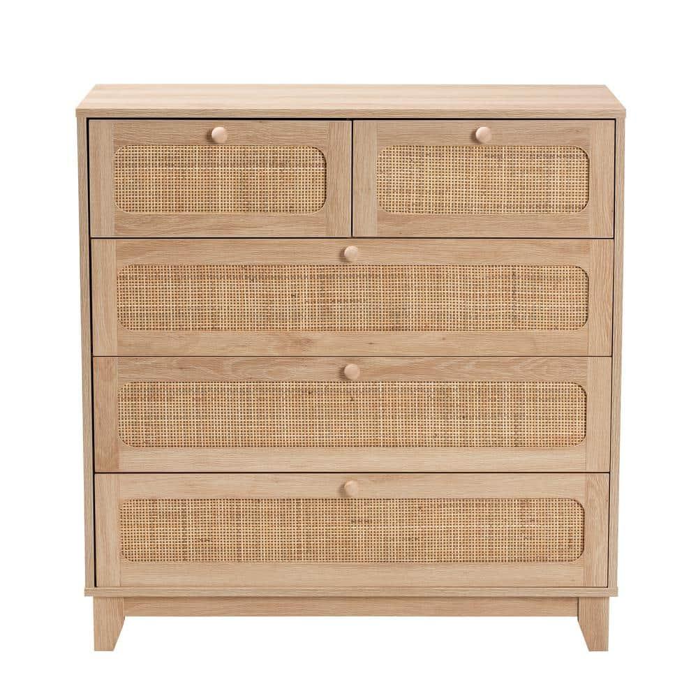 Elsbeth Wood and Natural Rattan 5 Drawer Storage Cabinet Oak Brown/Natural Brown - Baxton Studio