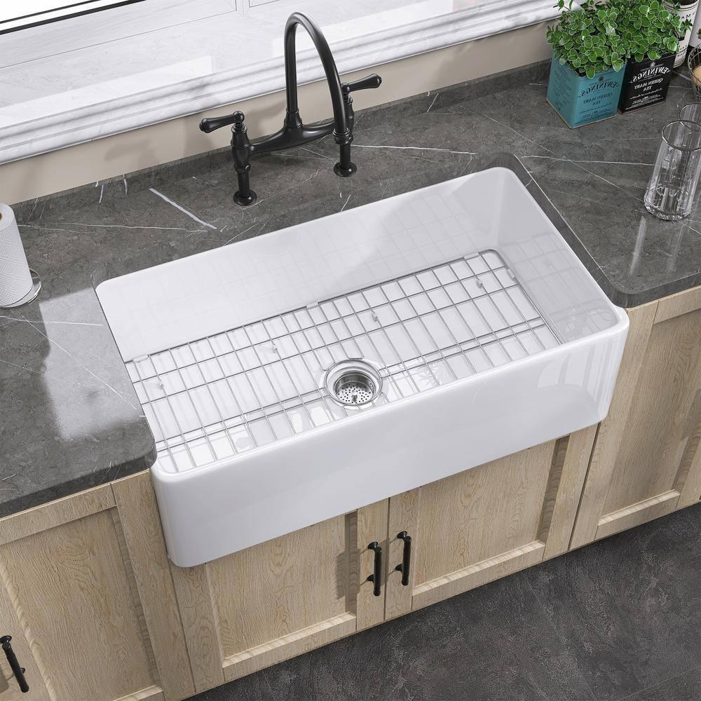 Small Farmhouse Sink 24 X18 White Fireclay Undermount Kitchen Sinks Deep Single Bowl Drop in Modern Apron Front Farm Sink For Kitchen with Protective Bottom Grid and Strainer