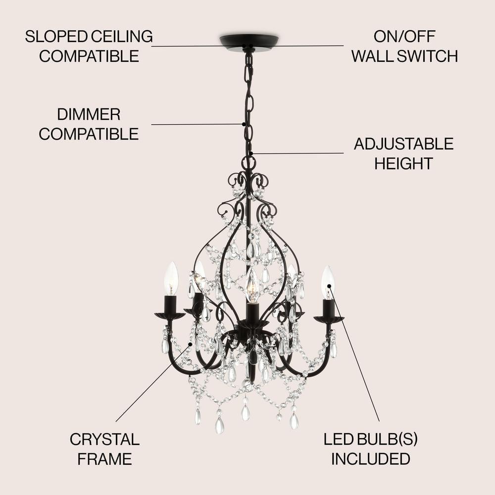 JONATHAN Y Maura 5-Light 17" Crystal/Metal LED Chandelier, Black, JYL9016A