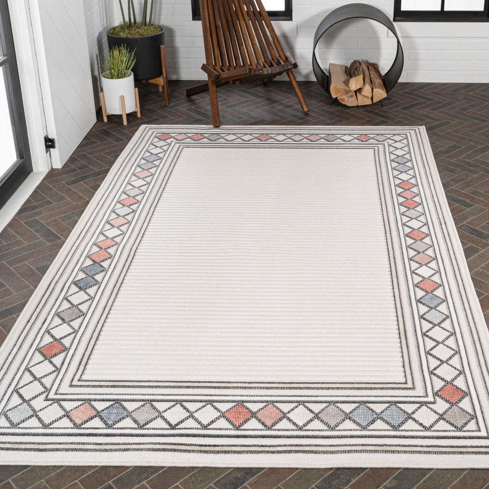 JONATHAN Y Sebastian High-Low Modern Diamond Border Ivory/Beige 3 ft. x 5 ft. Indoor/Outdoor Area Rug