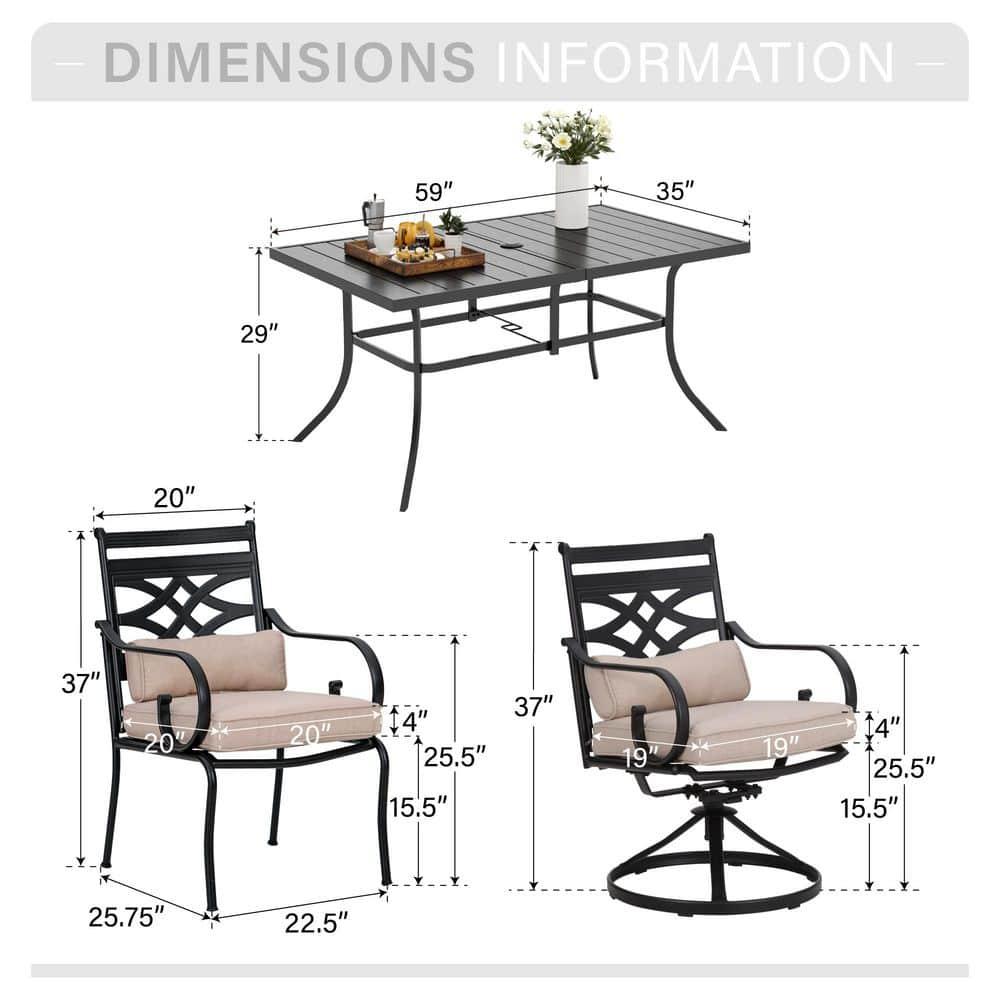 Summit Living 7-Piece Outdoor Patio Dining Set with 6 Swivel Cushioned Chairs & 1 Metal Steel Table, Black & Beige