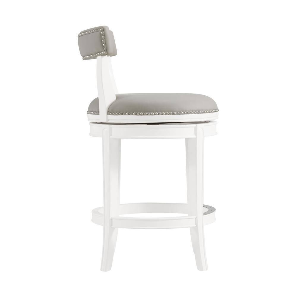 Hanover Swivel Counter Height Bar Stool, 26-Inch Seat Height, White and Gray, Solid Rubberwood Frame with Faux Leather Upholstery, Nailhead Trim, Memory Return Swivel Mechanism