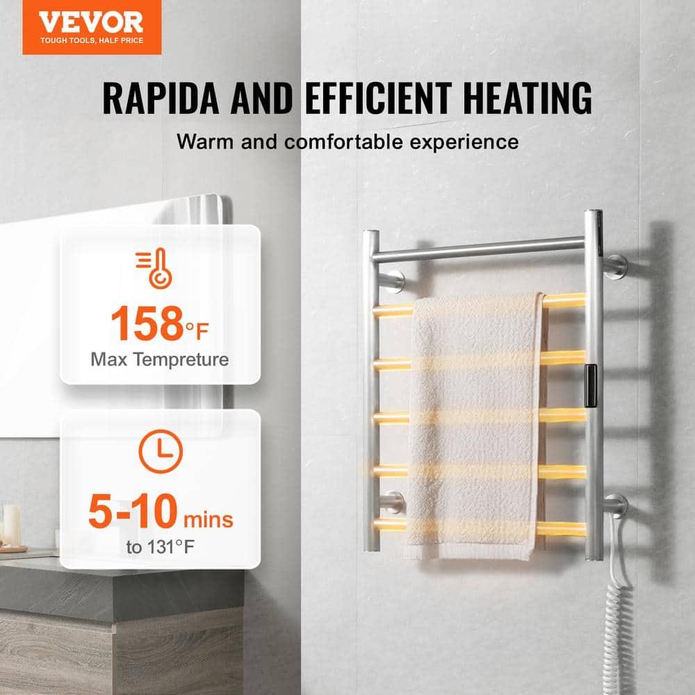 VEVOR 6 Bars Towel Warmer Rack, Wall Mounted Heated Towel Rack for Bathroom, IPX5 Waterpoof Towel Heater Rack with Timer & Display Screen, Silver