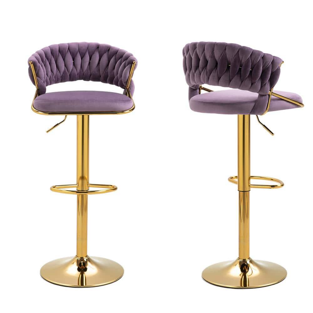 Kakotito 360° Velvet Swivel Bar Stools with Low Back & Footrest, Adjustable Counter Barstools, Silver Bar Stool (Set of 2 - Silver Version, Pink)
