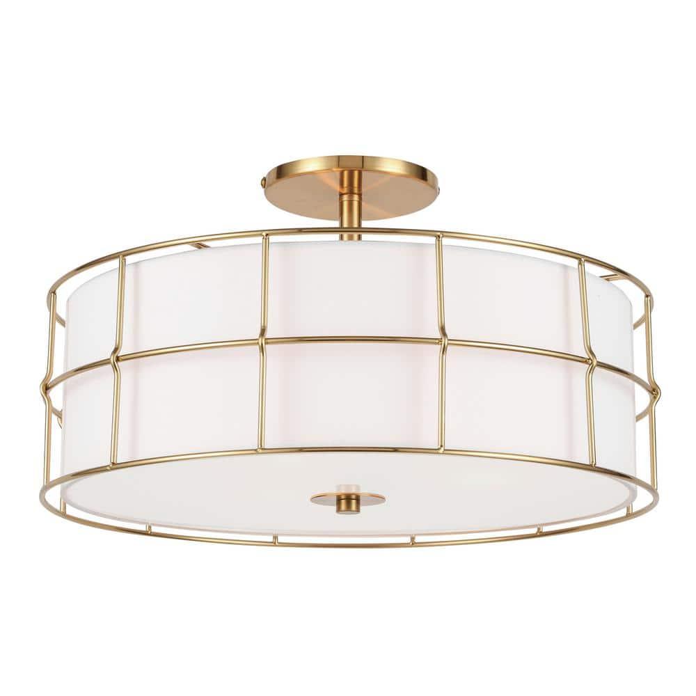 Dainolite Alcala 3-light Transitional Metal Semi-Flush Mount in Aged Brass/White