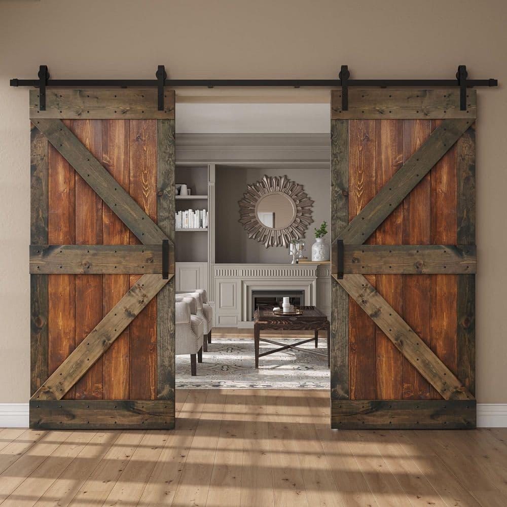 Paneled Wood K Series Double Barn Door with Installation Hardware Kit