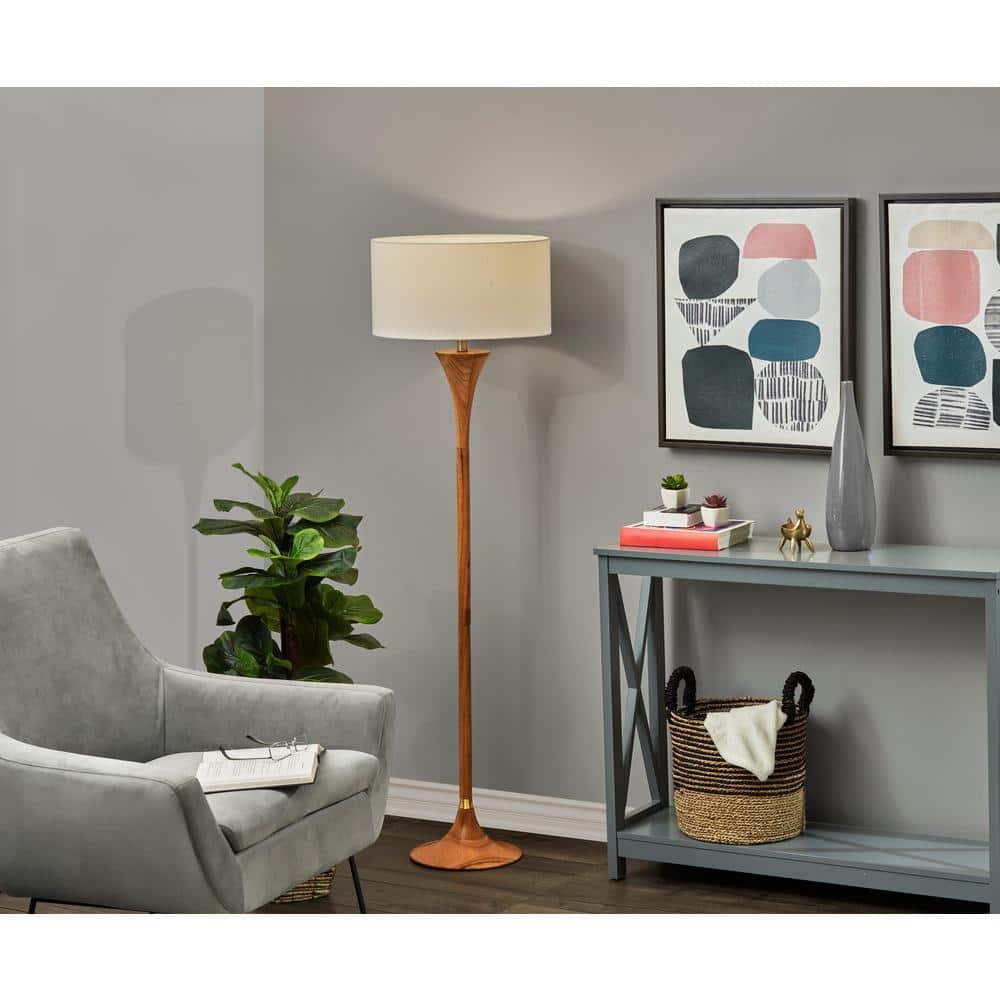 Adesso Rebecca Floor Lamp Natural Rubberwood Base with Antique Brass Accent, Wood Base, White Textured Fabric Shade