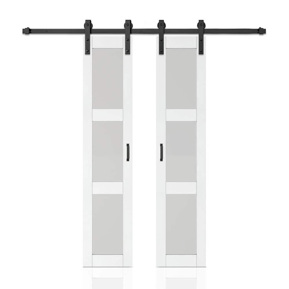Calhome 3-Lite Tempered Frosted Glass White Finished Composite Double Sliding Barn Door with Hardware Kit Handle