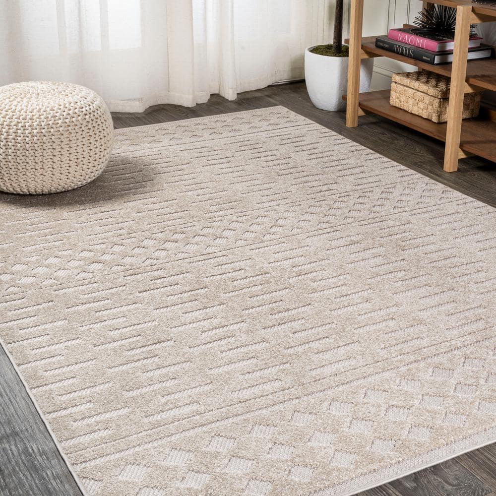 5'x8' Xlendi High-Low Pile Moroccan Geometric Indoor/Outdoor Area Rug, Beige - JONATHAN Y