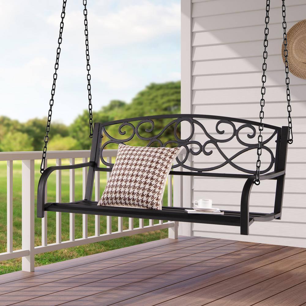 Resenkos Porch Swing, 2-Person Outdoor Porch Metal Hanging Swing Chair with Sturdy Chains-Brown, Hanging Outdoor Porch Swings for Garden, Backyard