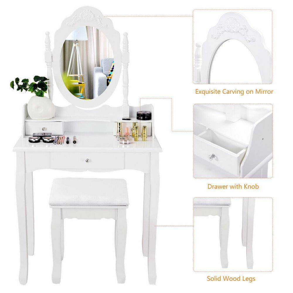 Tangkula Bathroom Vanity Wood Makeup Dressing Table Stool Set Jewelry Desk W/Drawer &Mirror White