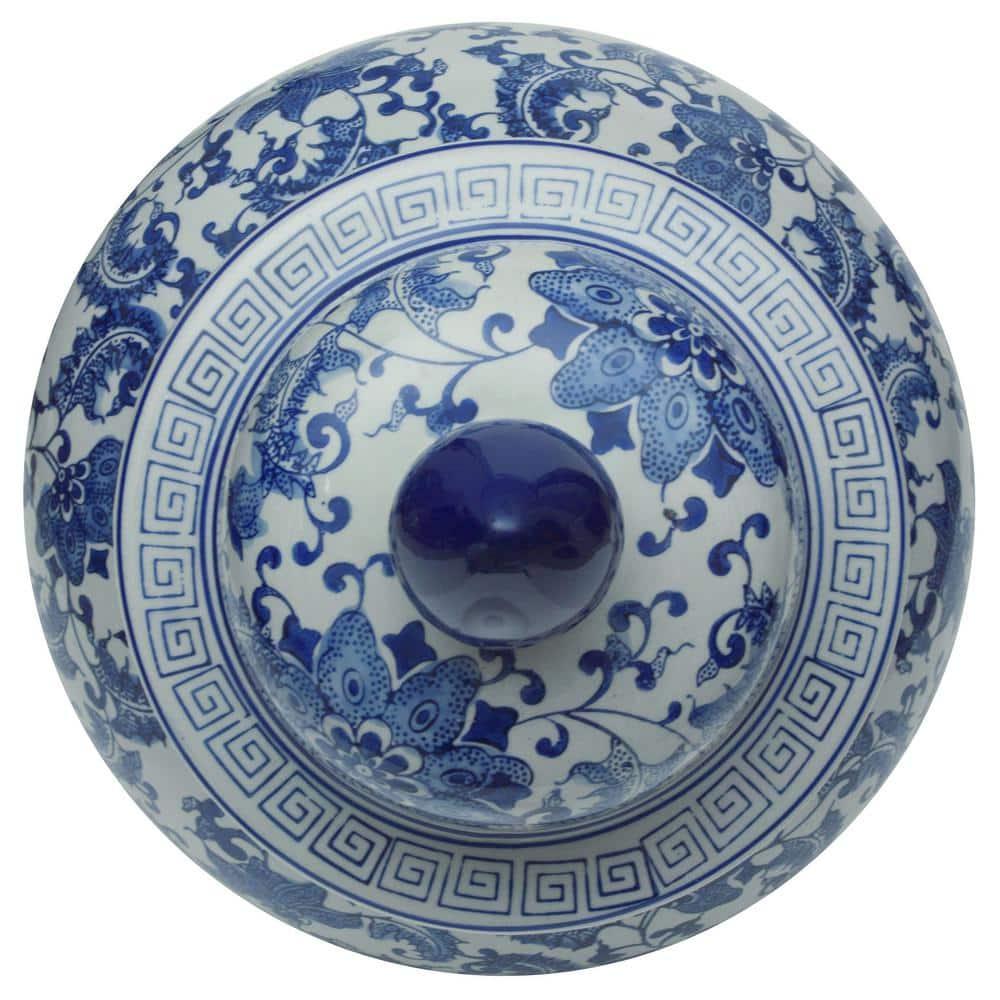 24" Floral Blue & White Porcelain Temple Jar
