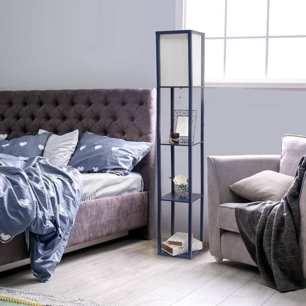 Simple Designs Floor Lamp Etagere Organizer Storage Shelf with Linen Shade, Navy