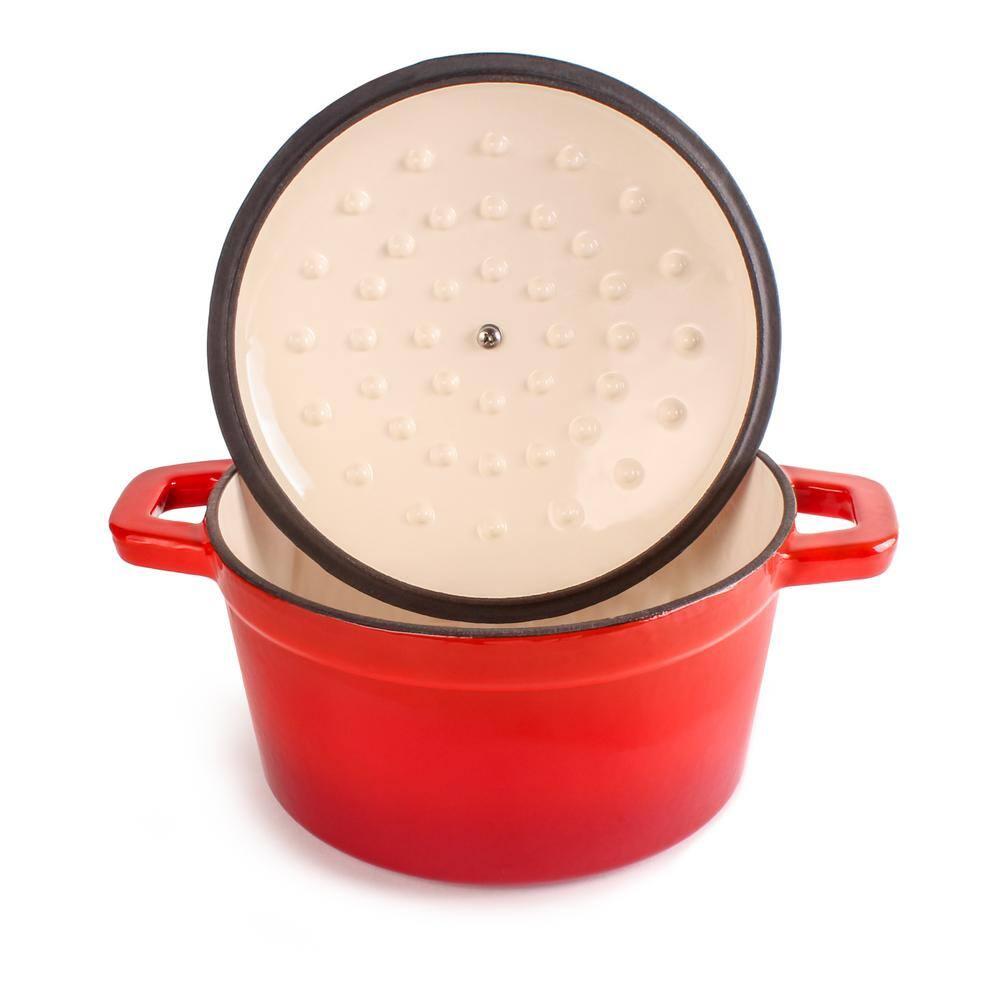 BergHOFF Neo 5Pc Cast Iron Set, 3Qt Covered Dutch Oven, 5Qt Covered Stock Pot, & 10" Fry Pan, Red