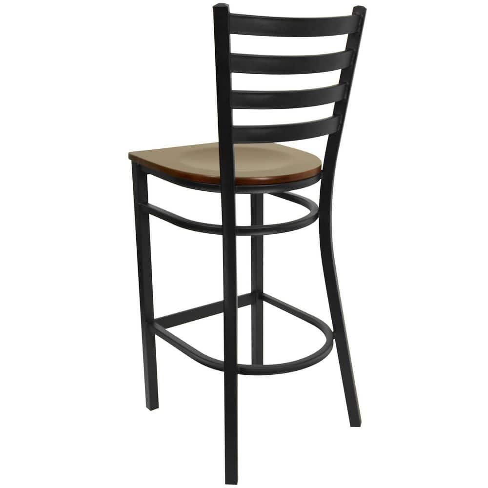 Flash Furniture HERCULES Series Black Ladder Back Metal Restaurant Barstool - Mahogany Wood Seat