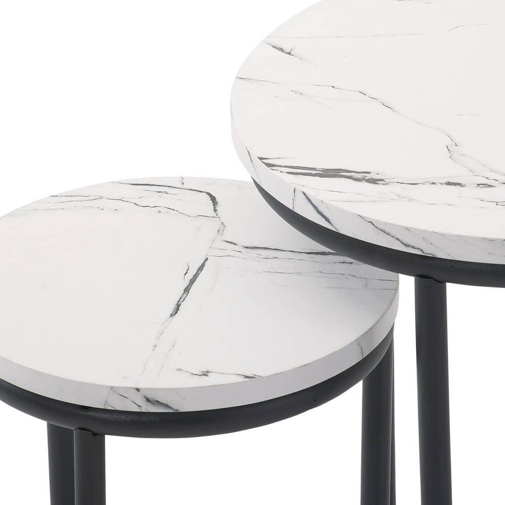 CorLiving Fort Worth White Faux Marble Finish Engineered Wood Round Tall Nesting Side Tables with Black Steel Base