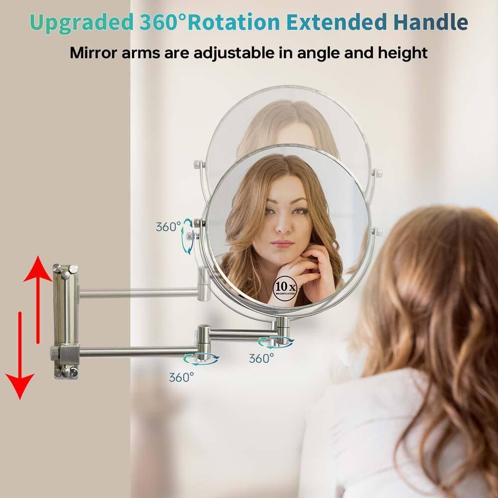 8 Inch Height Adjustable Wall Mounted Makeup Mirror 1X/10X Magnifying Double-Sided with 360° Swivel Arm Brushed Nickel for Bathroom and Home Use,LM-LS8DCN-SS
