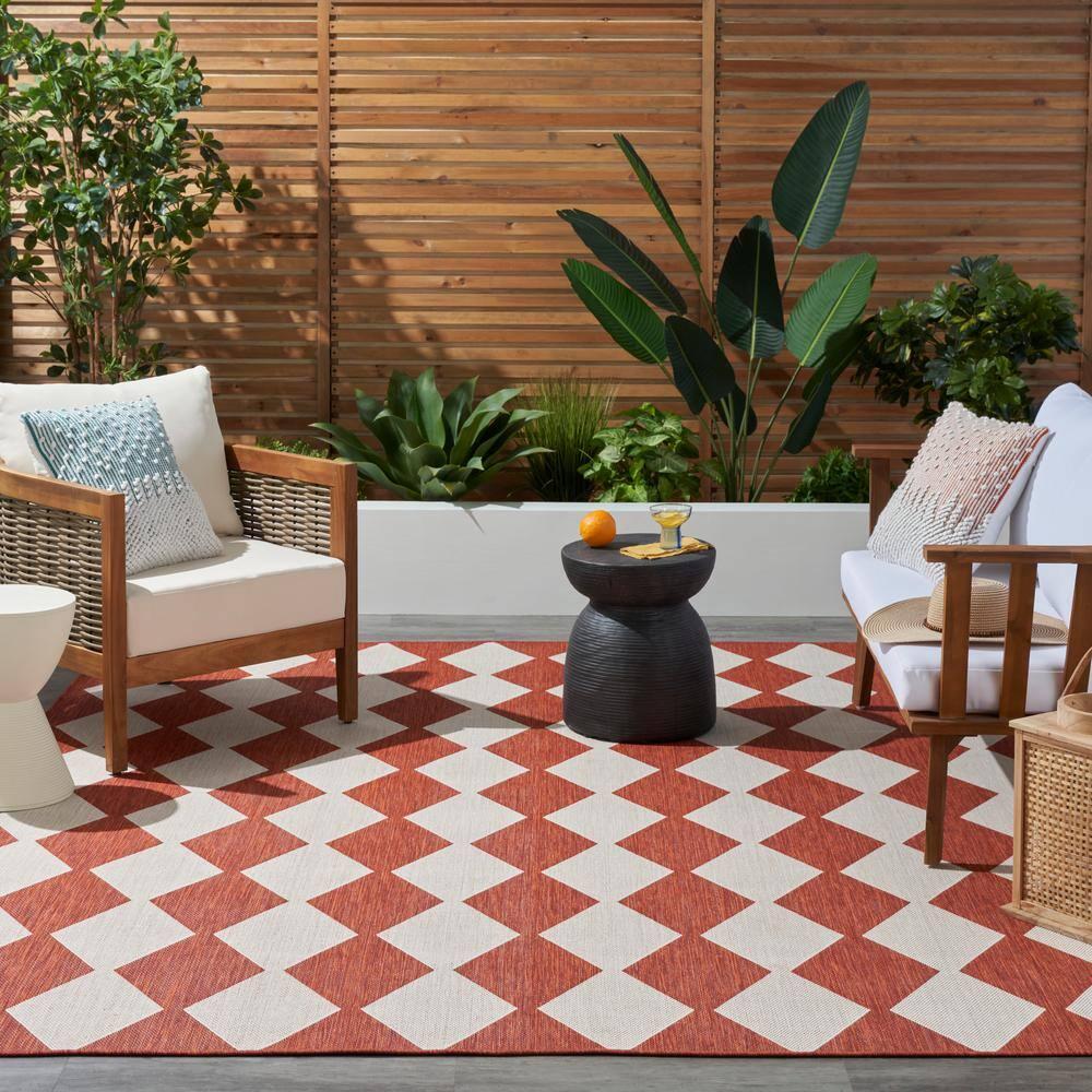 Nourison Positano Retro Diamond Flatweave Indoor Outdoor Low Pile Area Rug Terracotta 7' x 10'