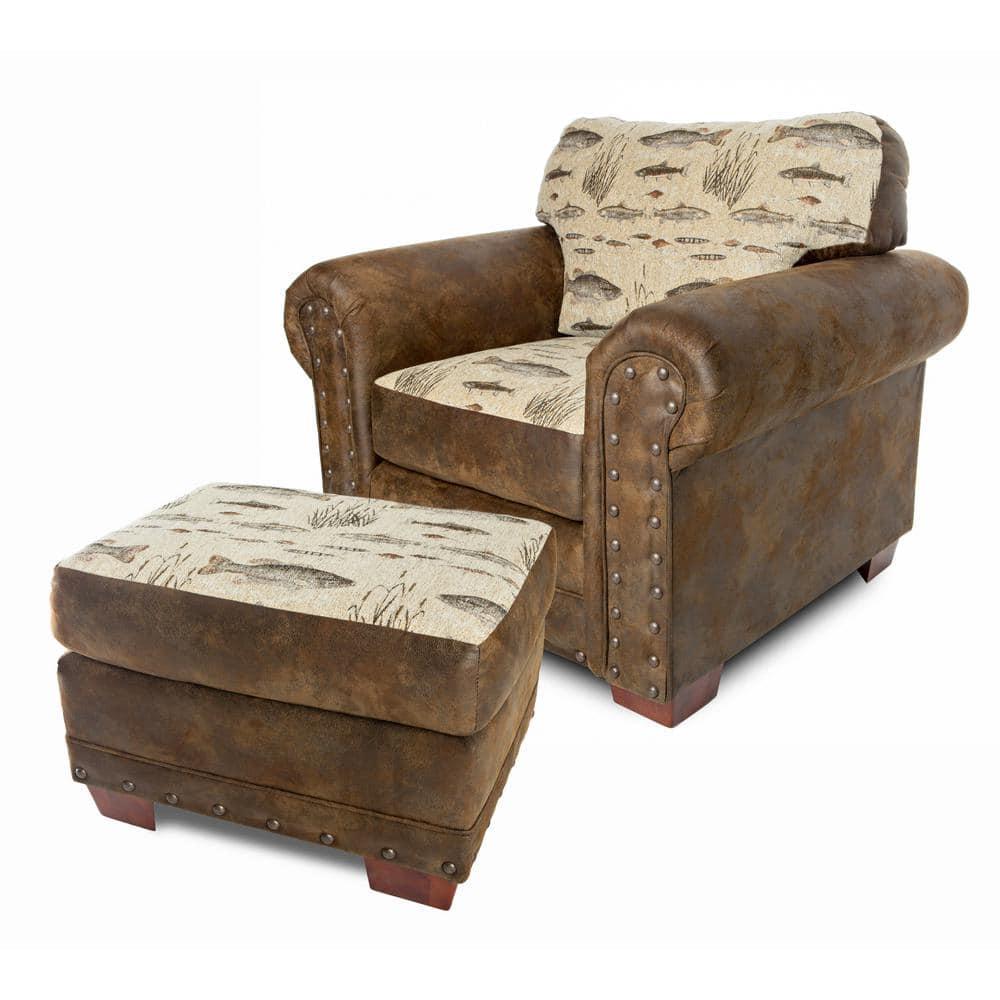 Brown Microfiber and Wood Accent Chair with Ottoman