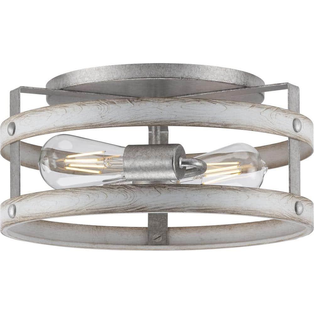 Progress Lighting Gulliver 2-Light Flush Mount Ceiling Light, Galvanized Finish, Open-Cage Design