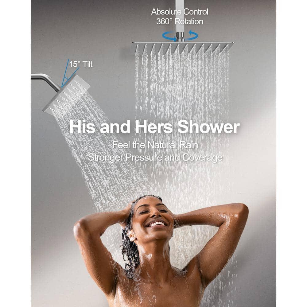GRANDJOY Dual Wall Mount Rainfall Shower Head System Luxury Adjustable 12 inch & 6 inch Shower Faucet Set with Handheld Shower Spray Thermostatic Pressure Balance Value, Brushed Nickel