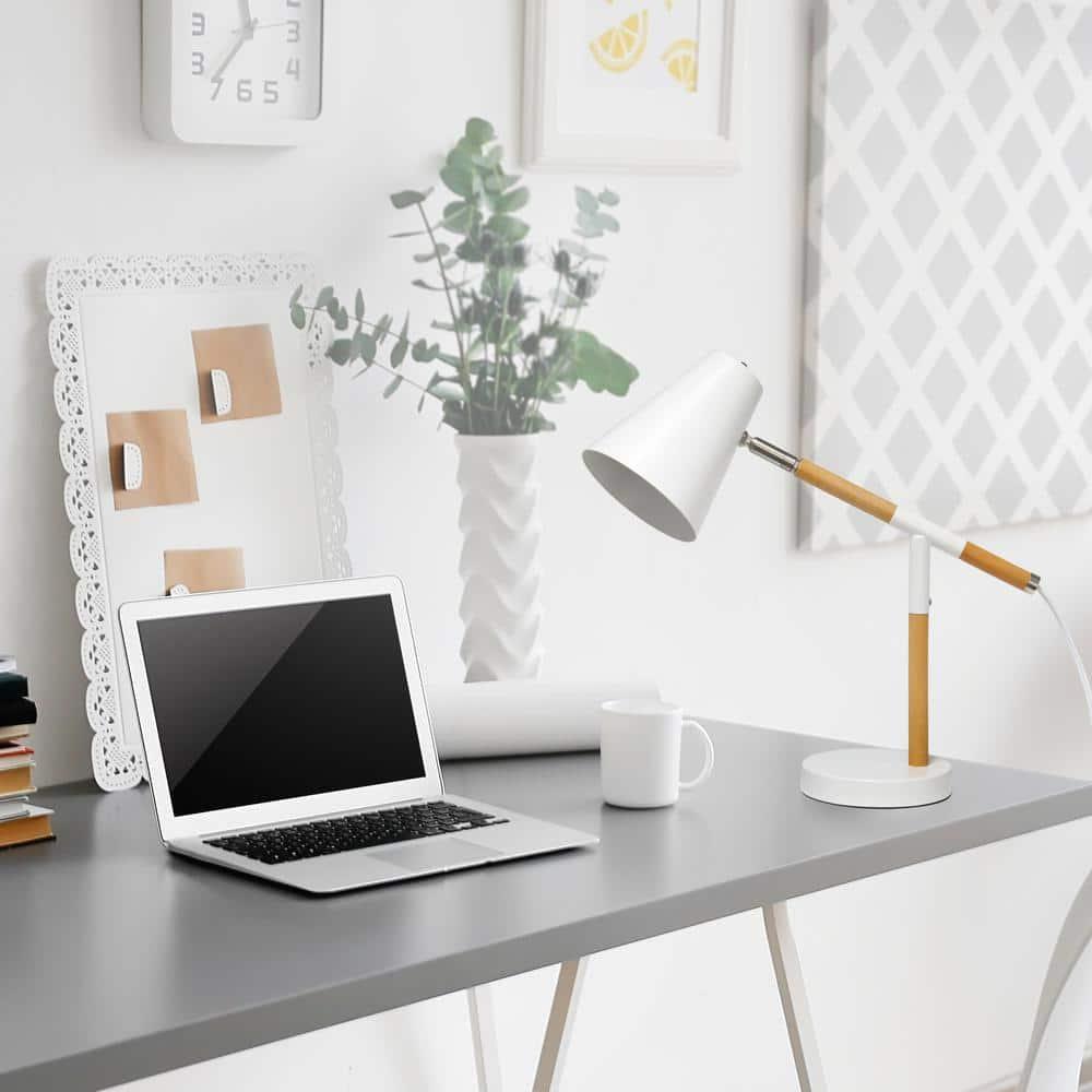 Simple Designs Wooden Pivot Desk Lamp White: ETL Listed, Adjustable Neck, Metal Shade, No Assembly Required