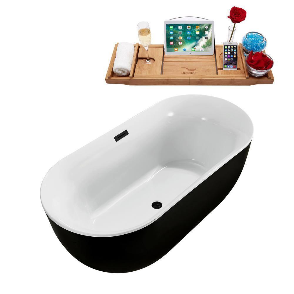 59" Streamline Freestanding Soaking Acrylic Bathtub With Drain and Bamboo Tray