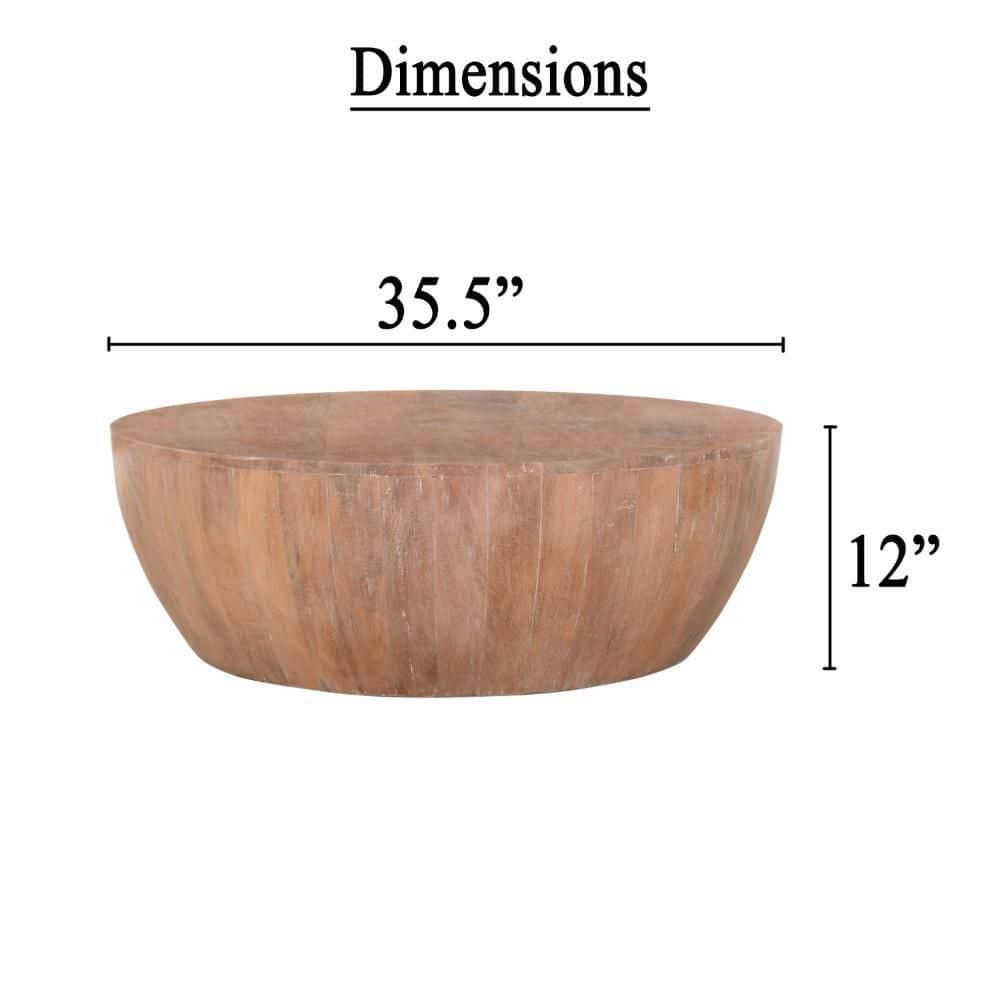 Arthur Drum Shape Wooden Coffee Table with Plank Design Base, Distressed Brown - UPT-32182 Brown
