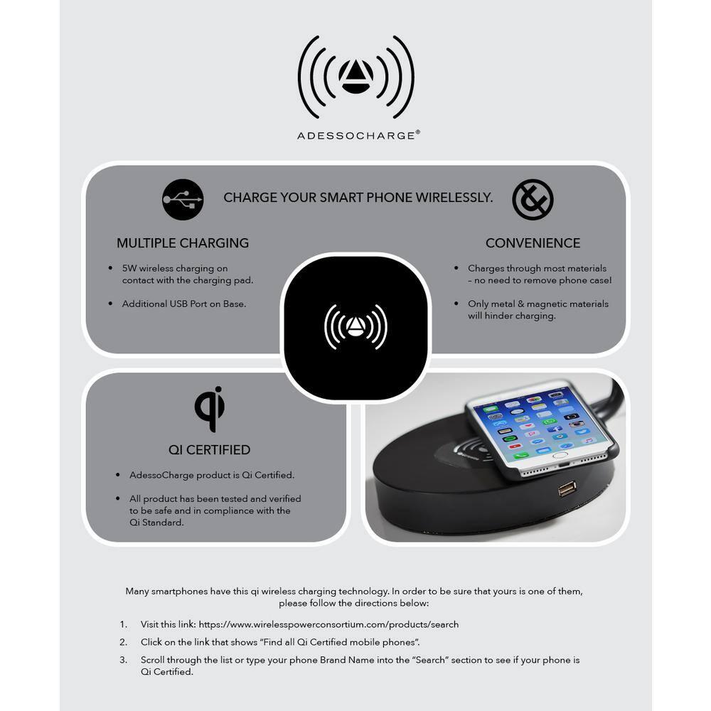 19" Wireless Charging Table Lamp Matte Black - Adesso: ETL Listed, Metal Shade, No Assembly Required