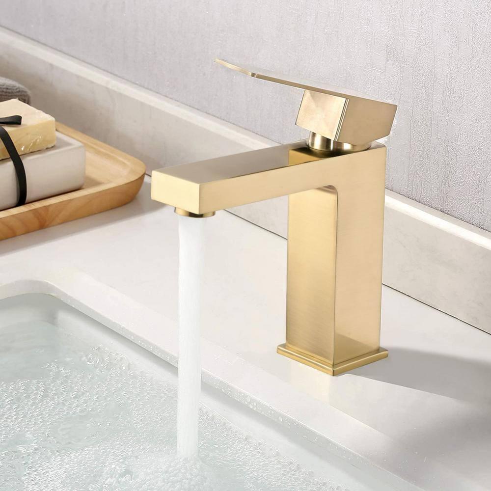 Brass Bathroom Sink Faucet Single Handle Lavatory Vanity Mixer Tap 1 Hole with Deck Plate, Metal Pop-up Drain Assembly & Water Supply Lines (Brushed Gold)