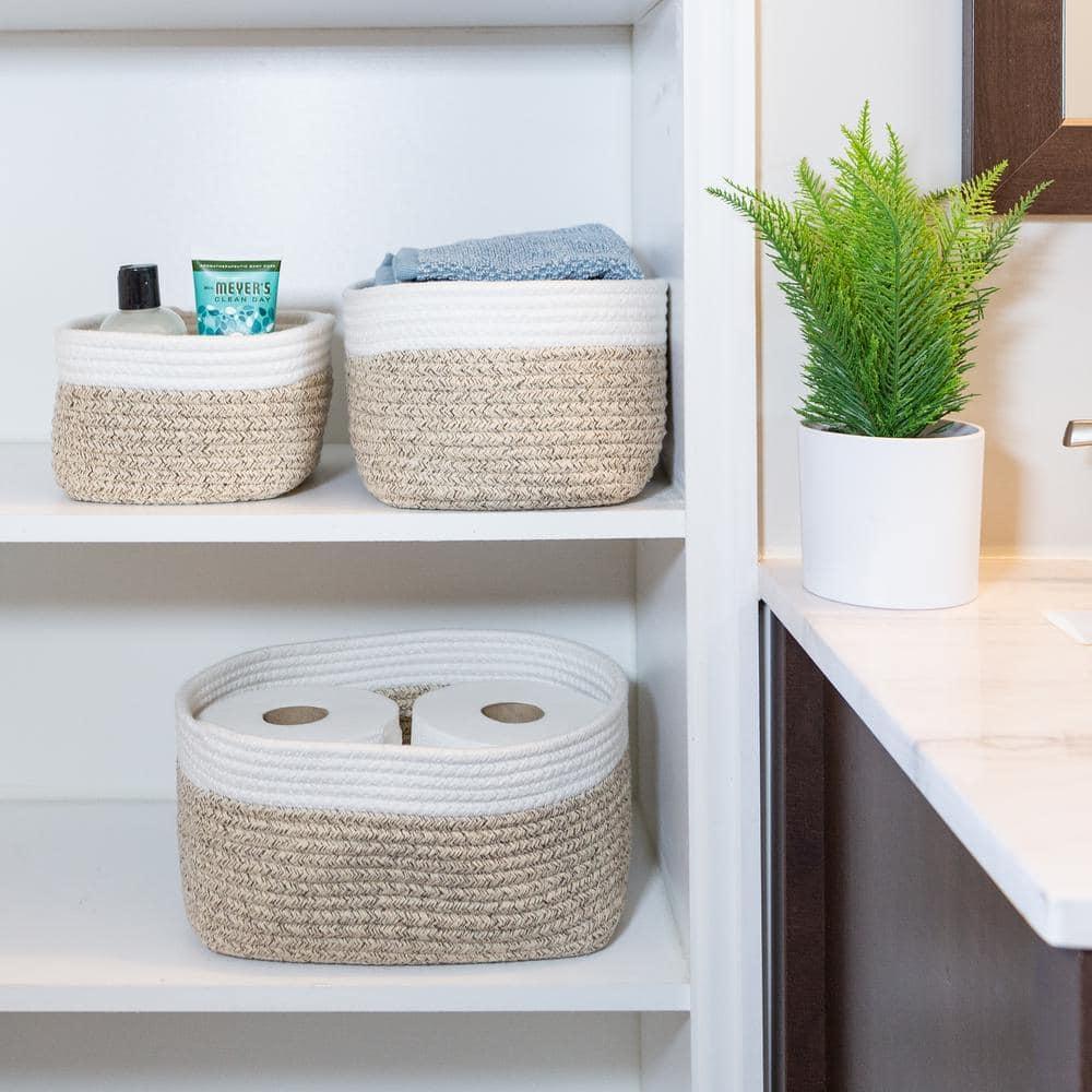 Home-Complete 3pc Storage Basket Set Natural: Cotton Square Decorative Bins for Shelves, Hand Wash, 12"x8.5"x5.5"