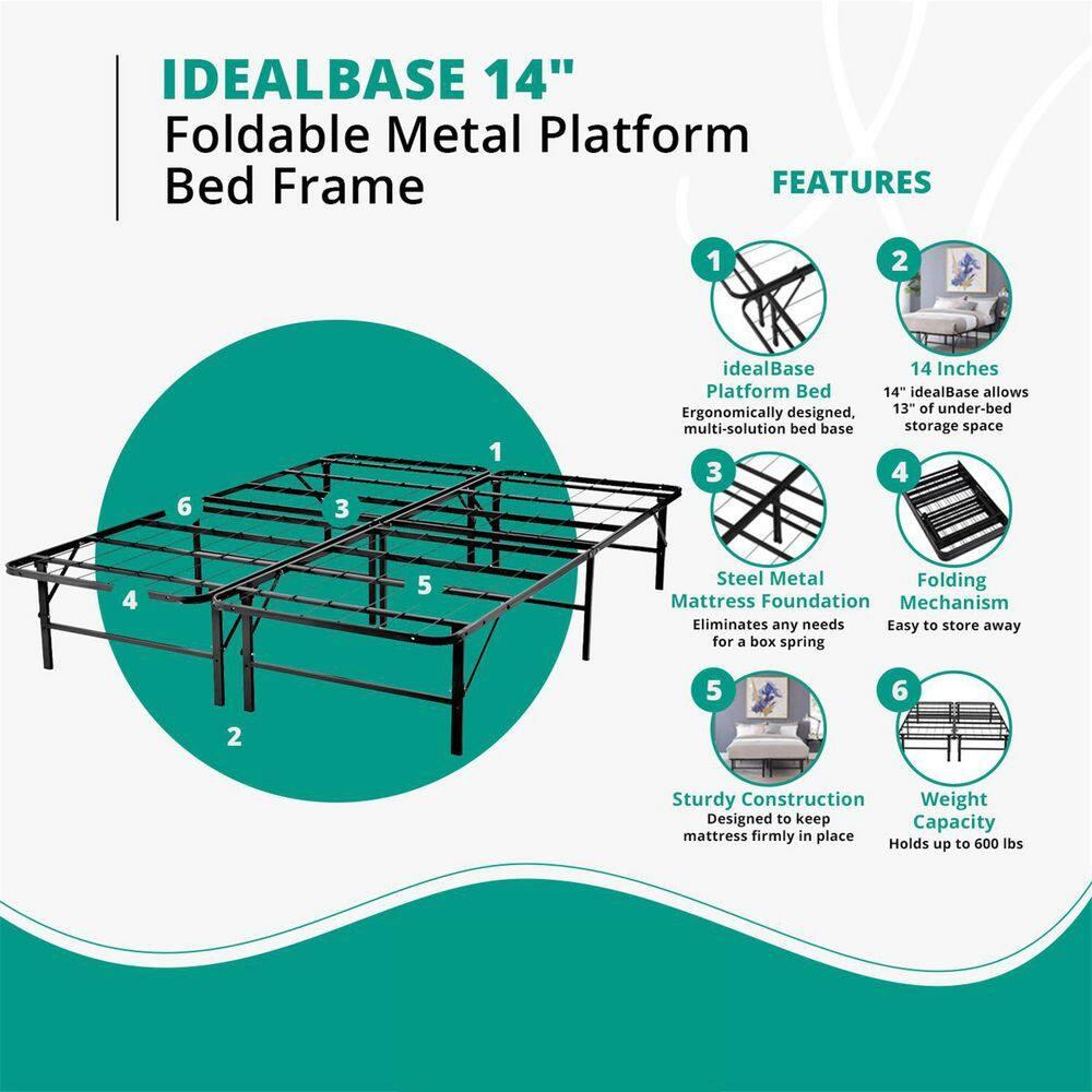 14" foldable Queen Bed Frame Heavy Duty Metal Bed Frame Folding Bed Frame with Steel Slats Box Spring Replacement 600lbs Capacity Platform Bed Queen Bed Frame Size-White