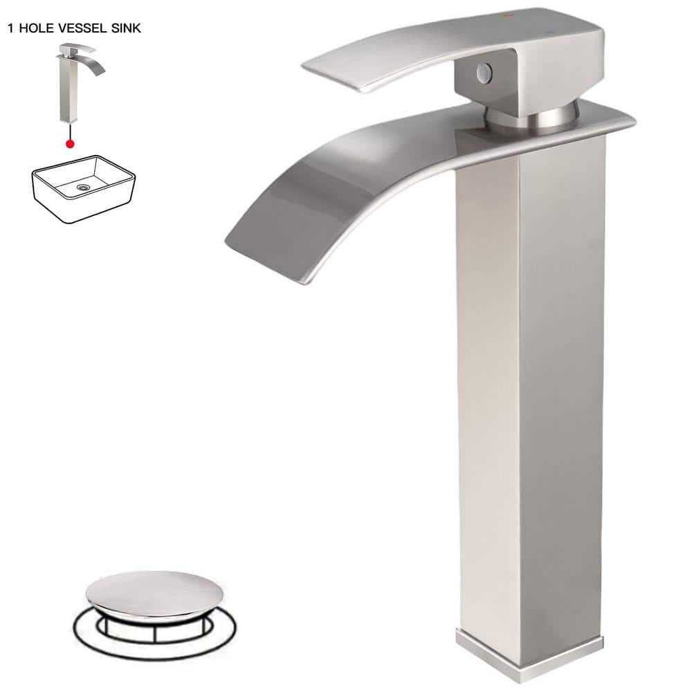 VOTON Vessel Sink Faucet Brushed Nickel Modern Tall Waterfall Bathroom Sink Faucet Single Handle Bathroom Faucet 1 Hole Bowl Lavatory Vanity Faucet, Rv Sink Camper Farmhouse Bathroom Faucet