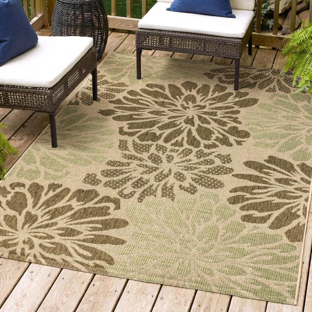 4'x6' Zinnia Modern Floral Textured Weave Indoor/Outdoor Area Rug, Sage/Brown - JONATHAN Y