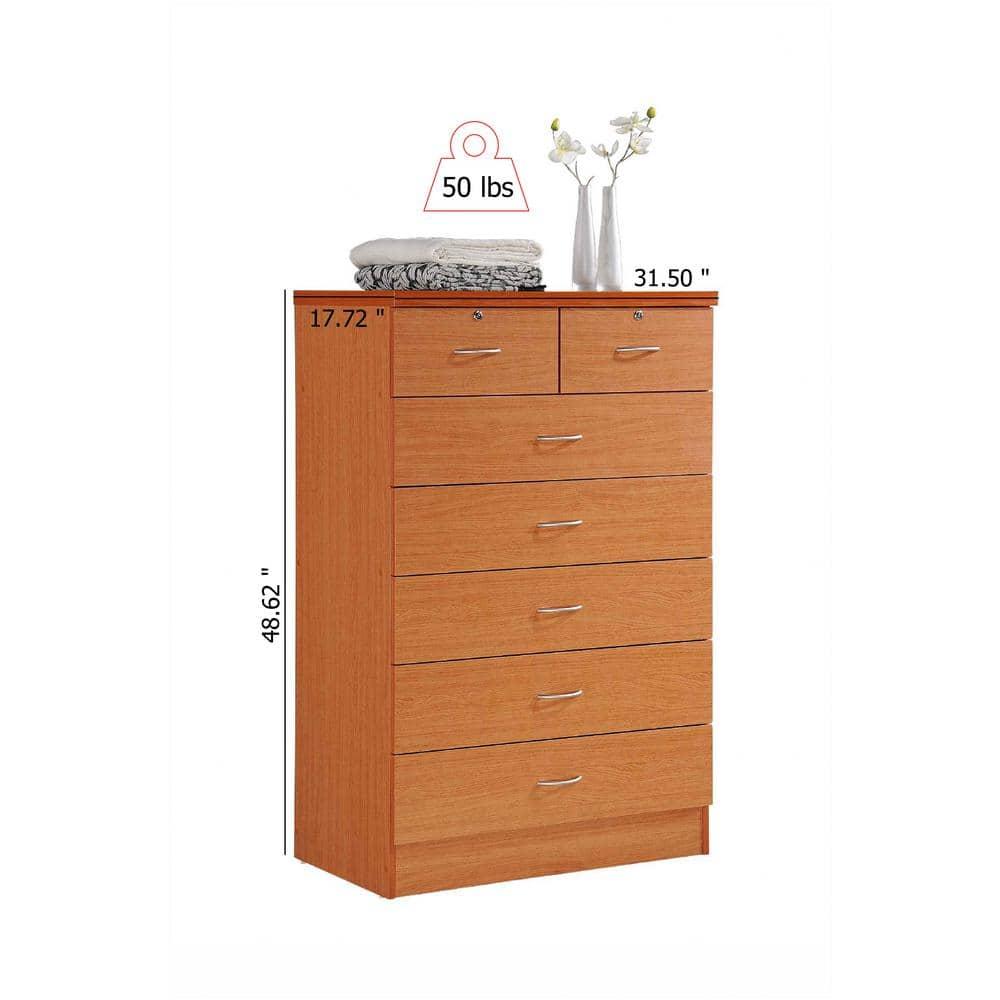 Hodedah 7 Drawer Wooden Jumbo Dresser Chest with 2 Top Locks, Cherry