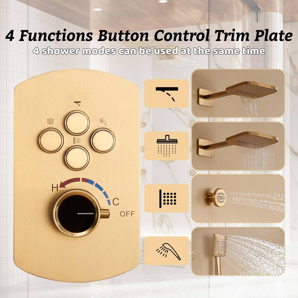 CASAINC 4-Function Wall Mounted Thermostatic Complete Shower System with 6 Body Jets and Rough-in Valve CS6855-22BG