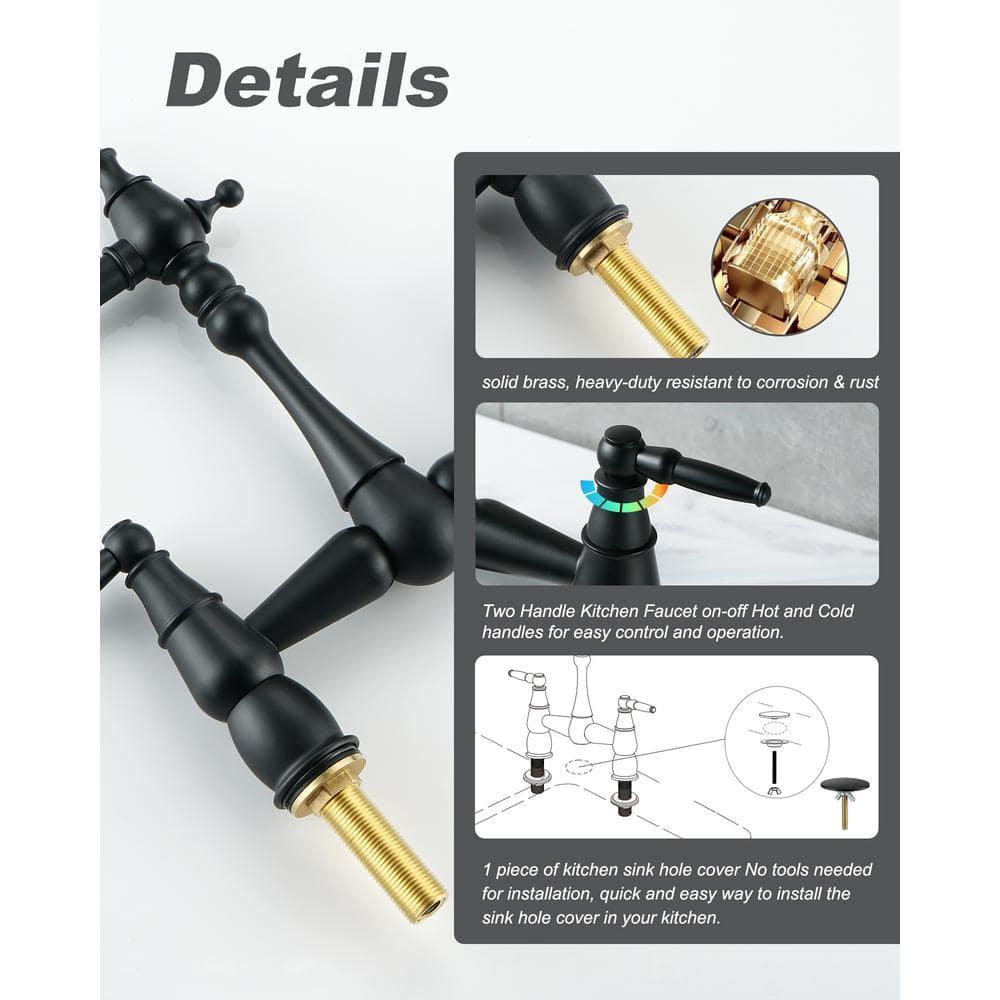 Matte Black Double Handle Bridge Kitchen Faucet with Swivel Spout