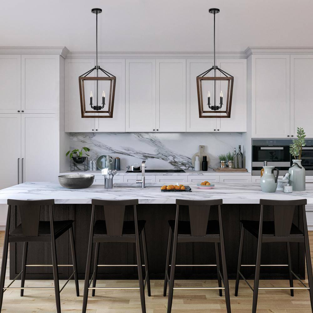 Globe Electric 4-Light Matte Black Pendant with Faux Wood Accent, Bulbs Included, 61036