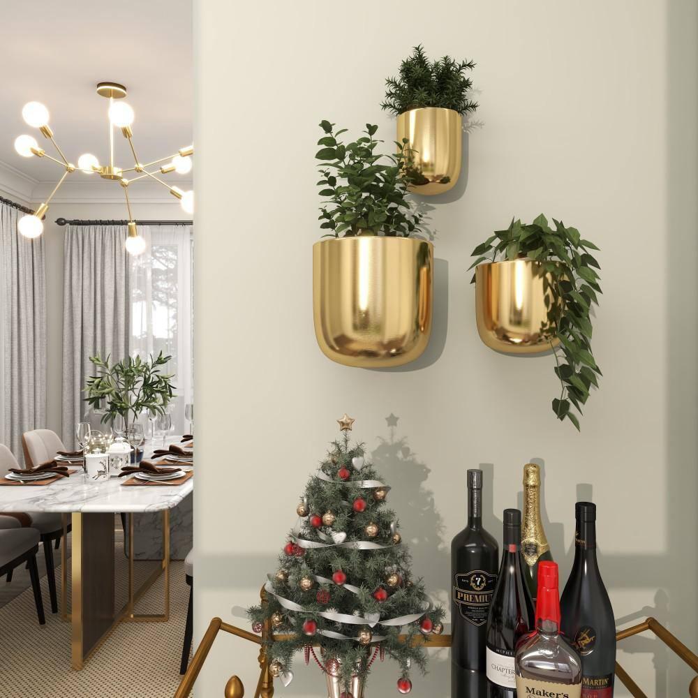 DecMode 9", 7", 6"H Round Gold Metal Indoor Outdoor Floating Wall Planter (3 Count)