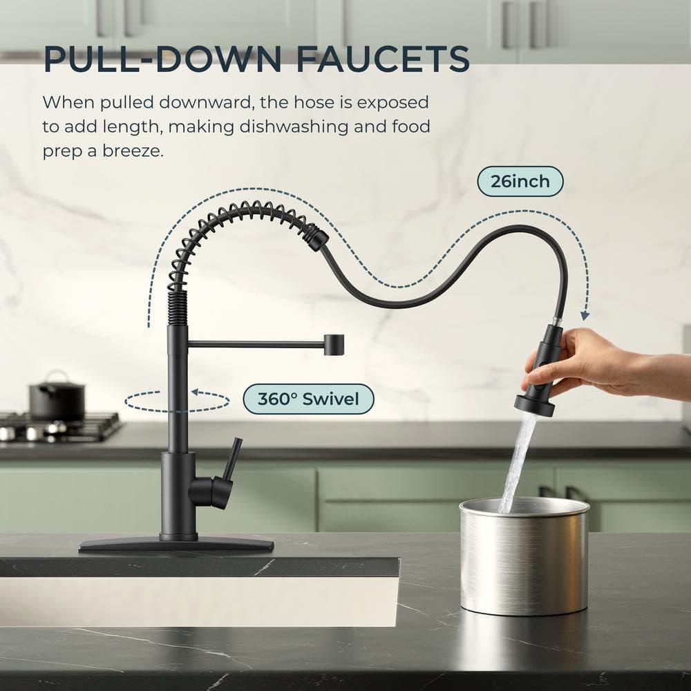 FORIOUS Black Kitchen Faucet with Soap Dispenser, Single Handle Stainless Steel Spring Sink Faucet with Pull Down Sprayer Transitional for Farmhouse Camper Laundry Camper