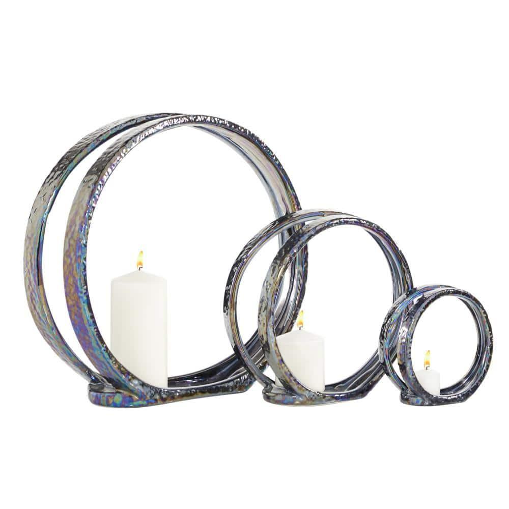 Set of 3 Glam Kaleidoscopic Candle Holders Silver - Olivia & May: Elegant Centerpiece, Metallic Finish