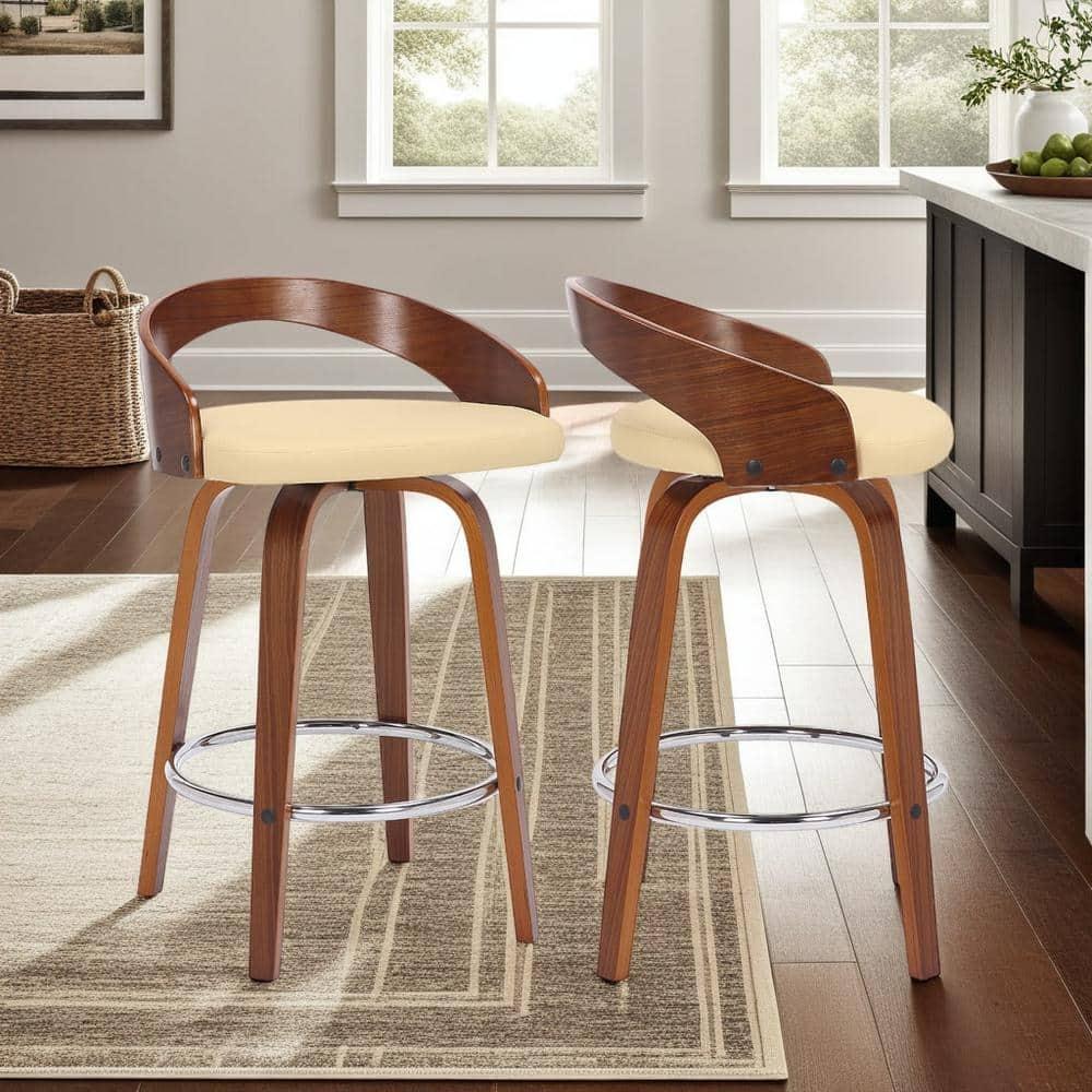Sonia 26 in.  Counter Height Swivel Cream Faux Leather and Walnut Wood Bar Stool